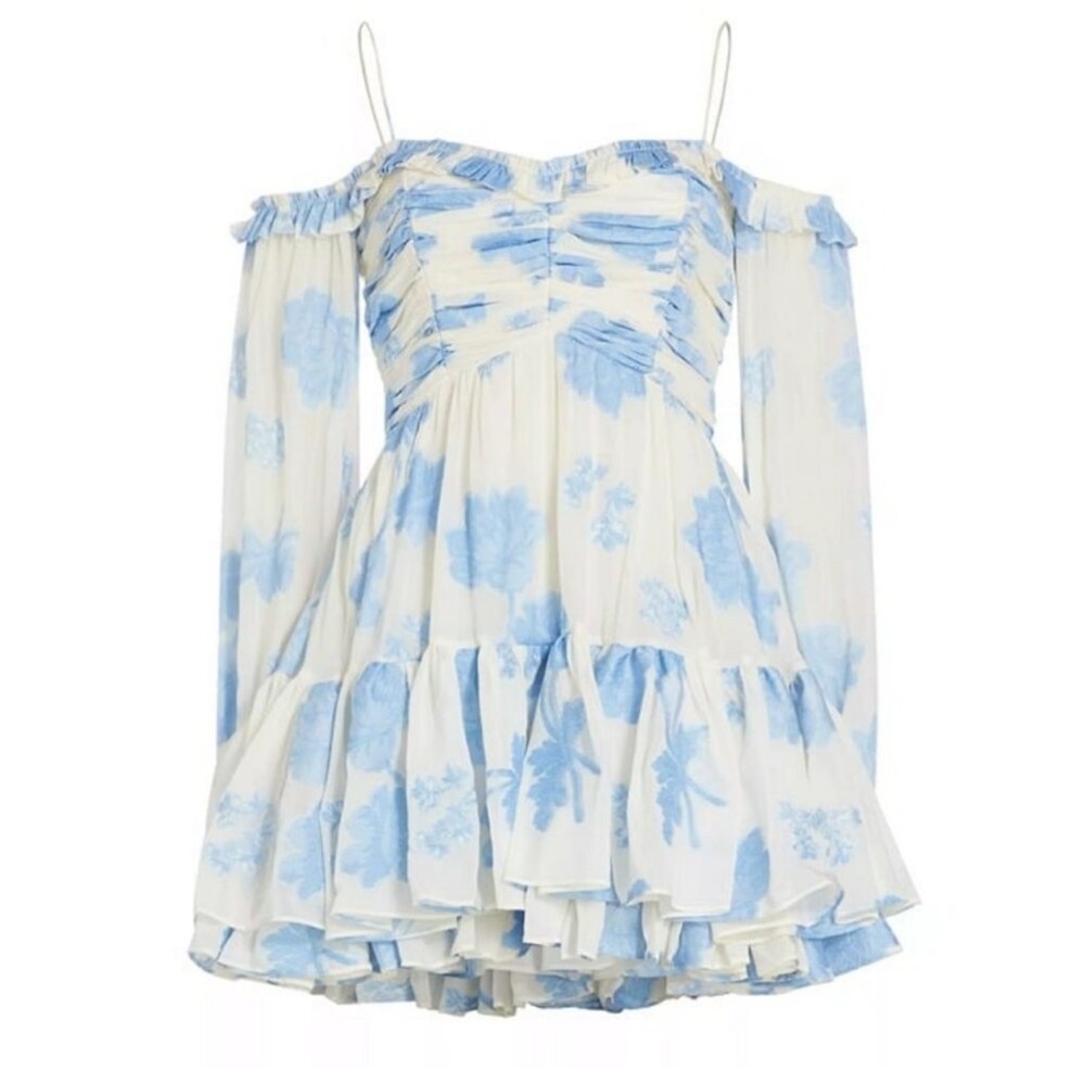 LoveShackFancy White and Light Blue Floral Off-Shoulder Long Sleeve Dress